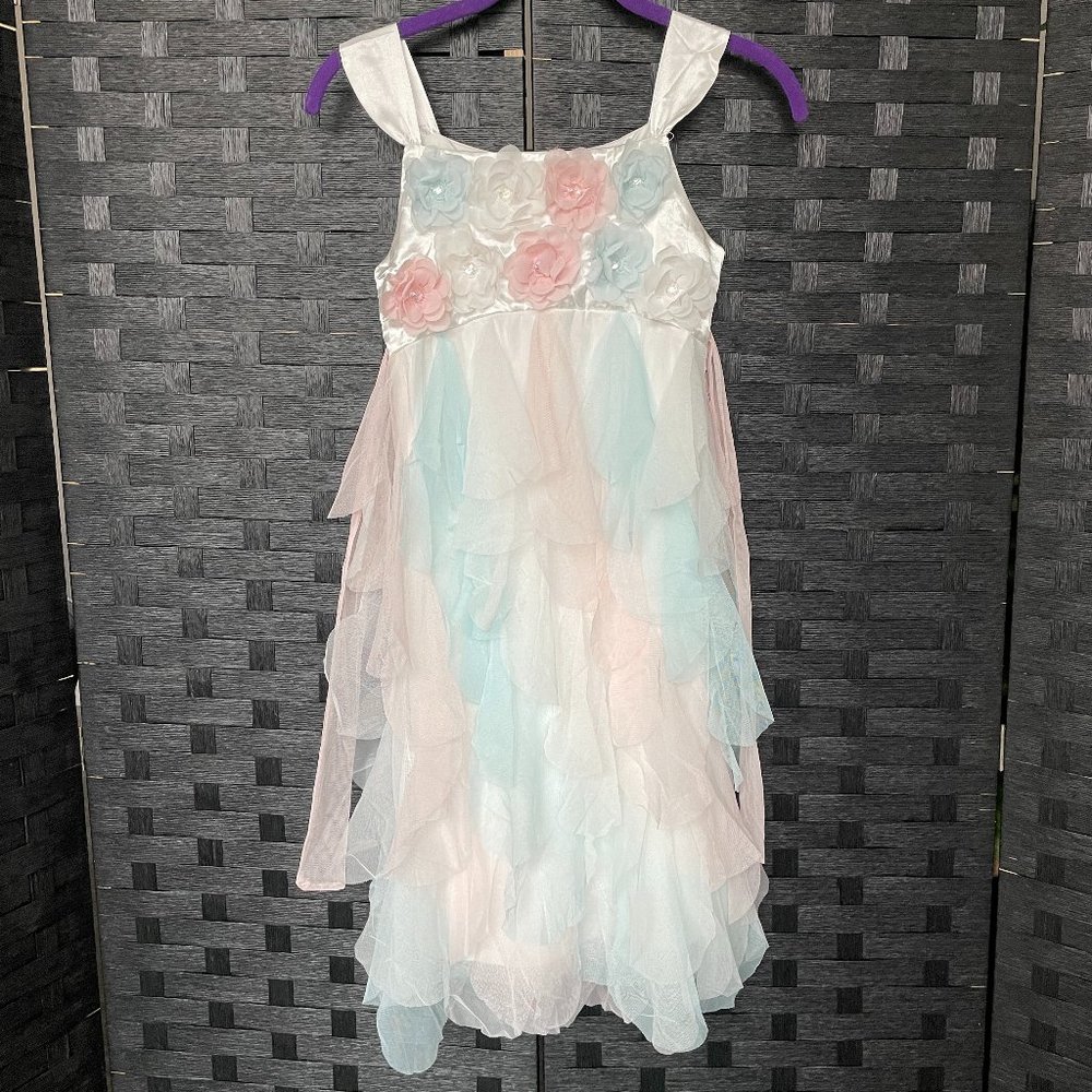 Biscotti Girls Party Dress, Flower front, Tulle ruffle dress, Patel, size 12
